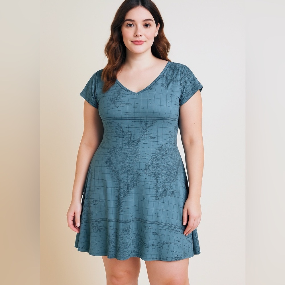 Effie’s Heart Antique Map Print Blue Dress L Cotton Travel Indie